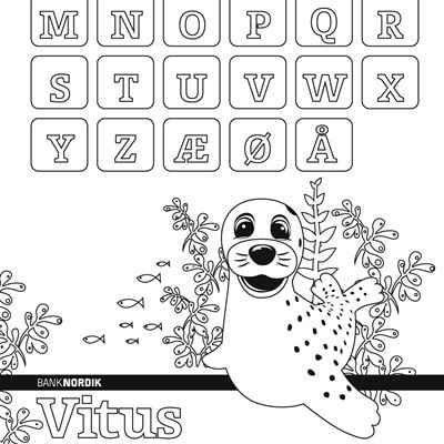 En maleside med BankNordiks maskot Vitus og bogstaverne i alfabetet
